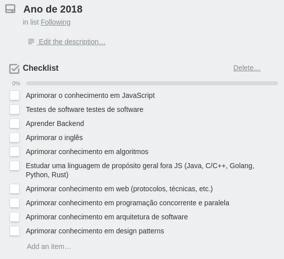 Card com metas do ano de 2018, como "aprender backend", "melhorar no inglês", "aprimorar conhecimentos em JavaScript", "testes de software", etc