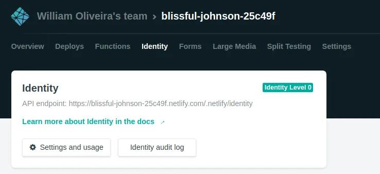 Botão de configurações do Netlify Identity